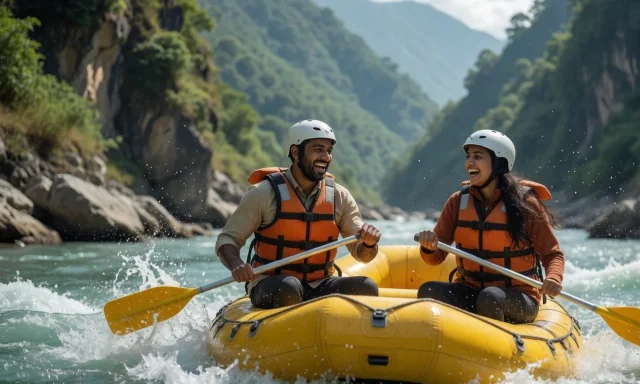 Couple white-water rafting in a mountain gorge