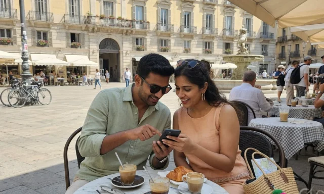 Couple at a cafe planning the day