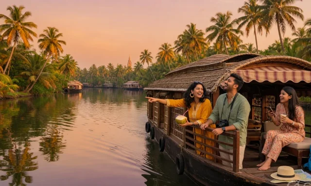 Travelers on a Kerala backwater houseboat
