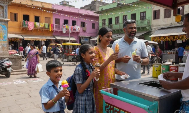 Family with school-age kids in an old town
