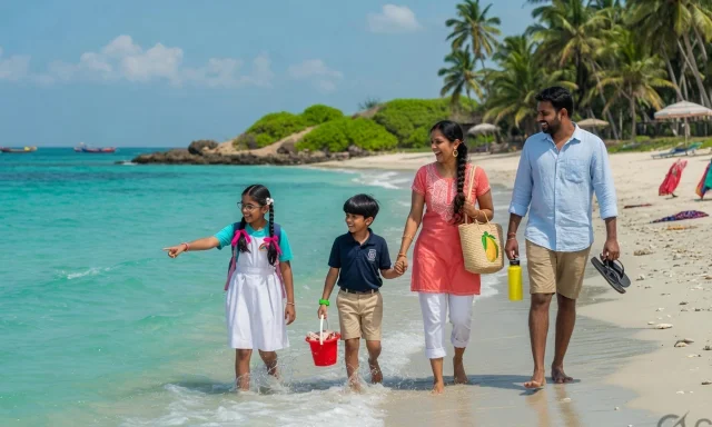 Family with school-age kids on a beach