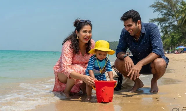 Parents with a toddler on a beach holiday