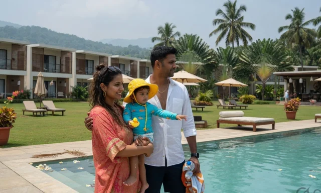 Parents with a toddler at a resort pool
