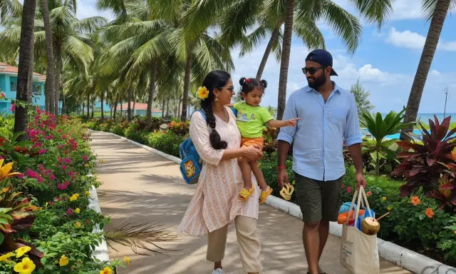 Parents carrying a toddler on a resort path