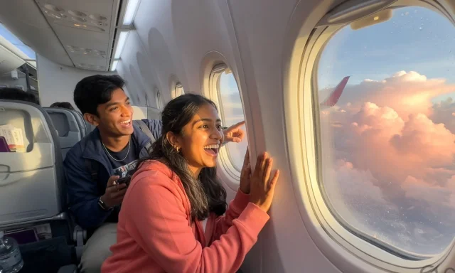 Young travelers looking out an airplane window