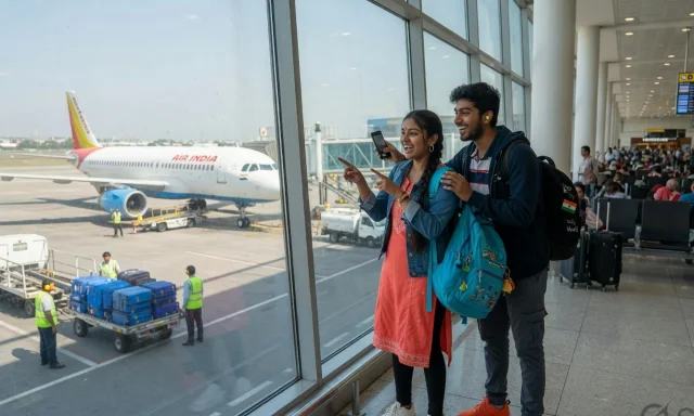 Young travelers at an airport window
