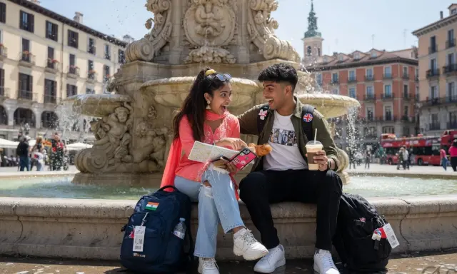 Young travelers in a European square