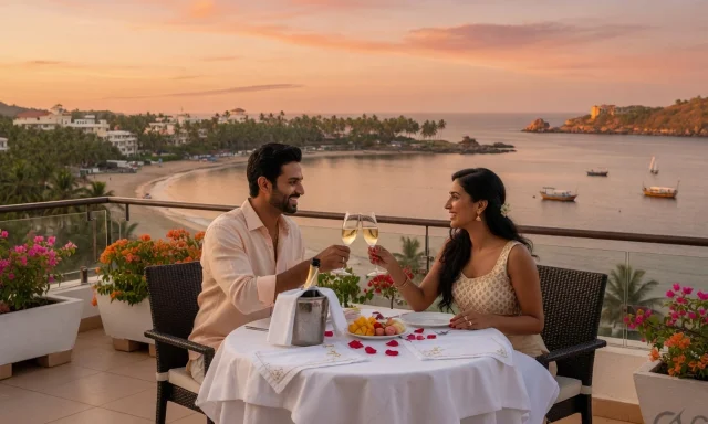 Couple toasting on a terrace over a bay