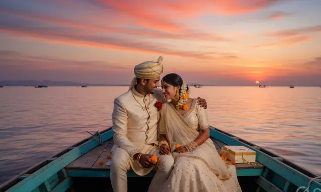 Newlyweds on a boat at sunset