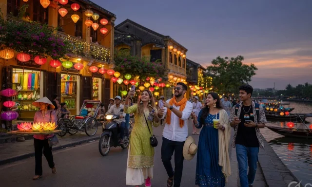 Travelers in a lantern-lit Vietnamese street