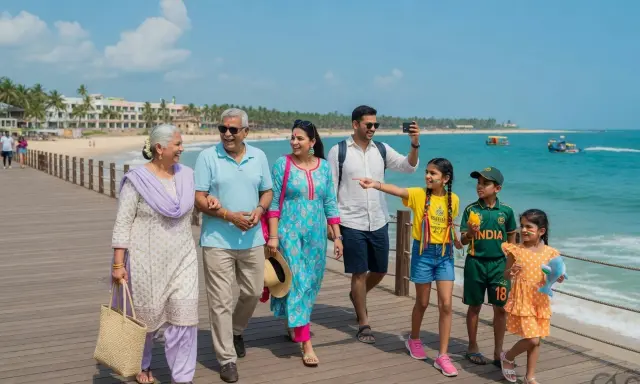 Multi-generation family on a beach boardwalk