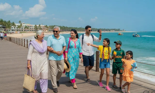 Multi-generation family on a beach boardwalk